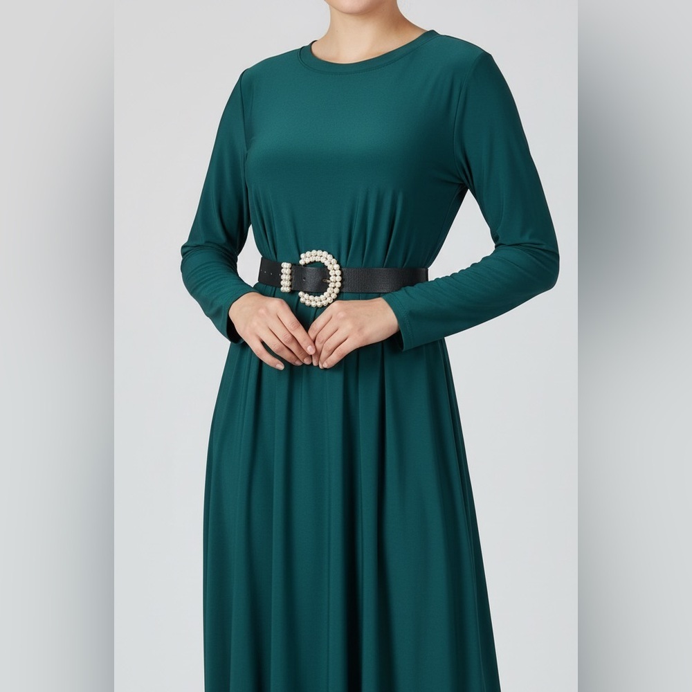 Teal Green Long Sleeve Maxi Dress with Sparkle Waist - Picture 6 of 6